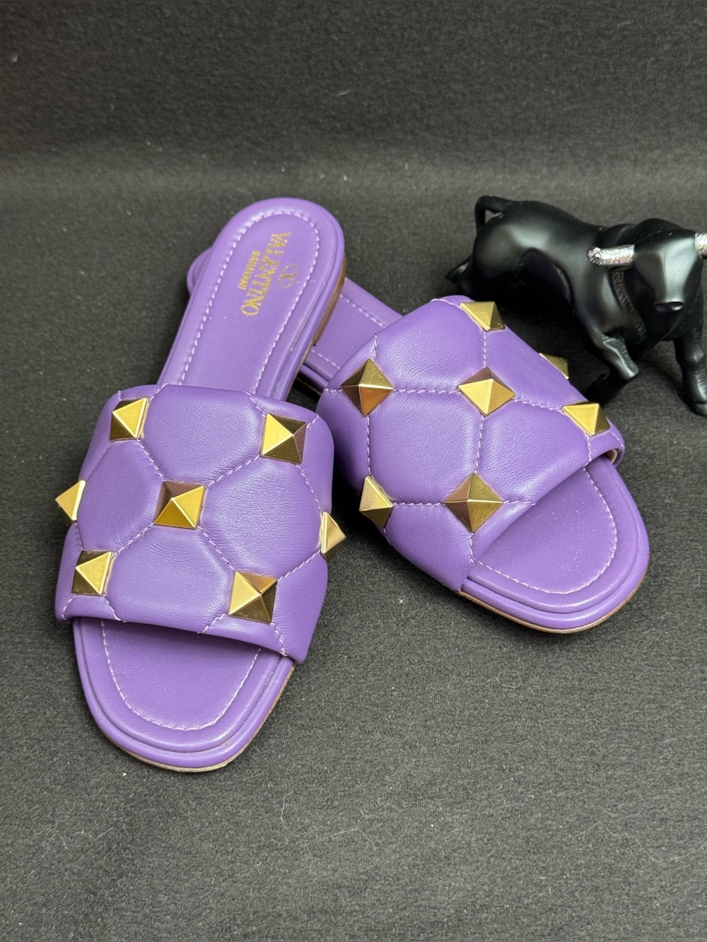 Valentino Quilted Purple Slide Sandals with Gold Studs